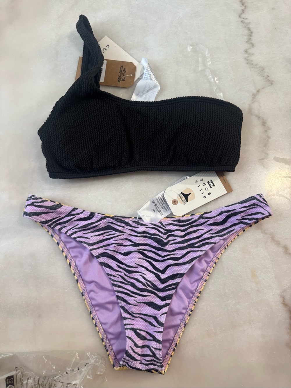 Billabong Black One-Shoulder Bikini Top with Lilac Zebra Print Bottom